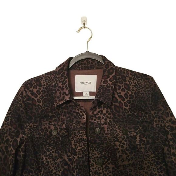 Nine West Womens Jacket Brown M Leopard Animal Print Denim Jean Stretch - Picture 4 of 5